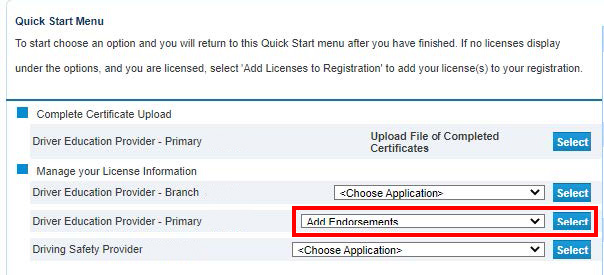 add endorsement in online licensing system