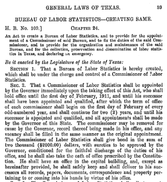 Image of House Bill 109 from the 31st Texas Legislature, authorizing the creation of the Texas Bureau of Labor Statistics